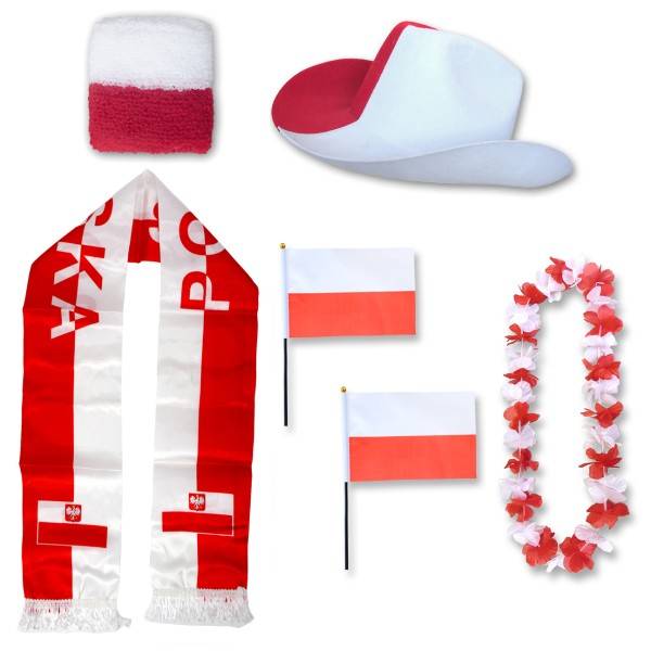 Sonia Originelli Fan-Paket "Polen" Poland Polska WM EM Fußball Schal Hawaiikette Hut Schweissband Fahne Flagge