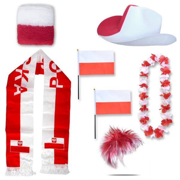 Sonia Originelli Fan-Paket "Polen" Poland Polska WM EM Fußball Schal Hawaiikette Hut Schweissband Fahne Perücke