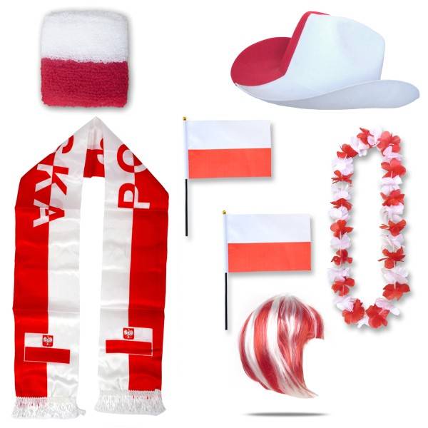Sonia Originelli Fan-Paket "Polen" Poland Polska WM EM Fußball Schal Hawaiikette Hut Schweissband Fahne Perücke