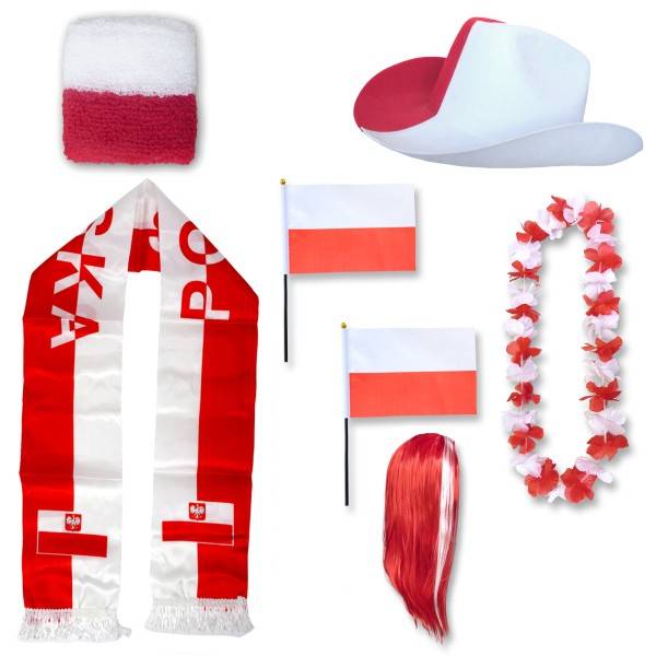 Sonia Originelli Fan-Paket "Polen" Poland Polska WM EM Fußball Schal Hawaiikette Hut Schweissband Fahne Perücke