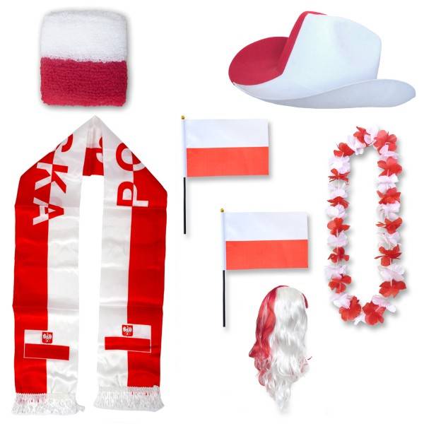 Sonia Originelli Fan-Paket "Polen" Poland Polska WM EM Fußball Schal Hawaiikette Hut Schweissband Fahne Perücke