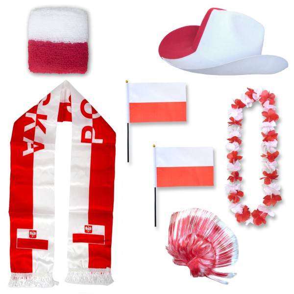 Sonia Originelli Fan-Paket "Polen" Poland Polska WM EM Fußball Schal Hawaiikette Hut Schweissband Fahne Perücke
