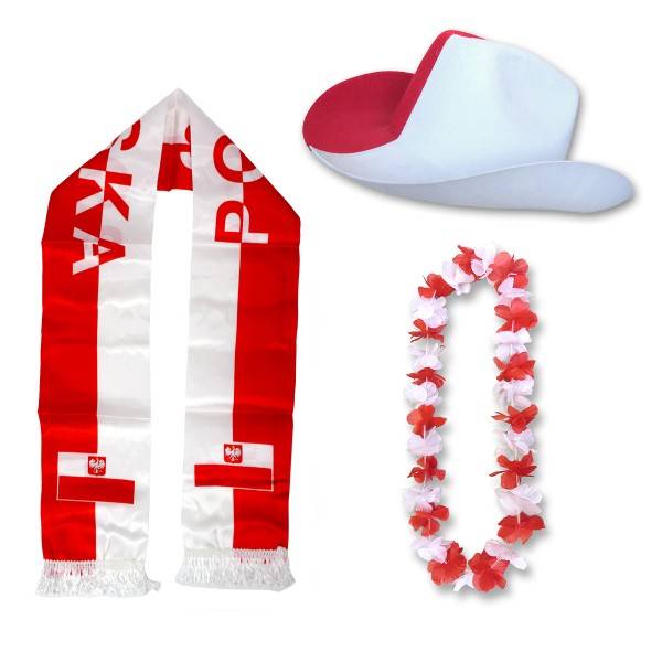Sonia Originelli Fan-Paket "Polen" Poland Polska WM EM Fußball Schal Hawaiikette Hut Fanartikel