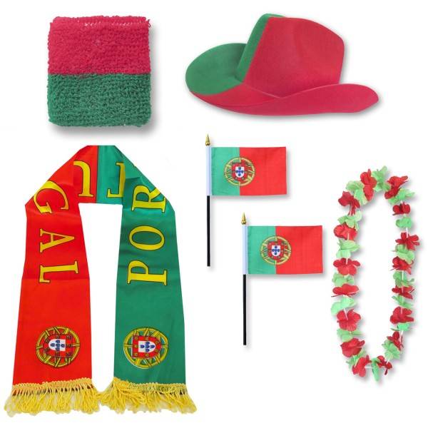 Sonia Originelli Fan-Paket "Portugal" WM EM Fußball Schal Hawaiikette Hut Schweissband Fahne Flagge