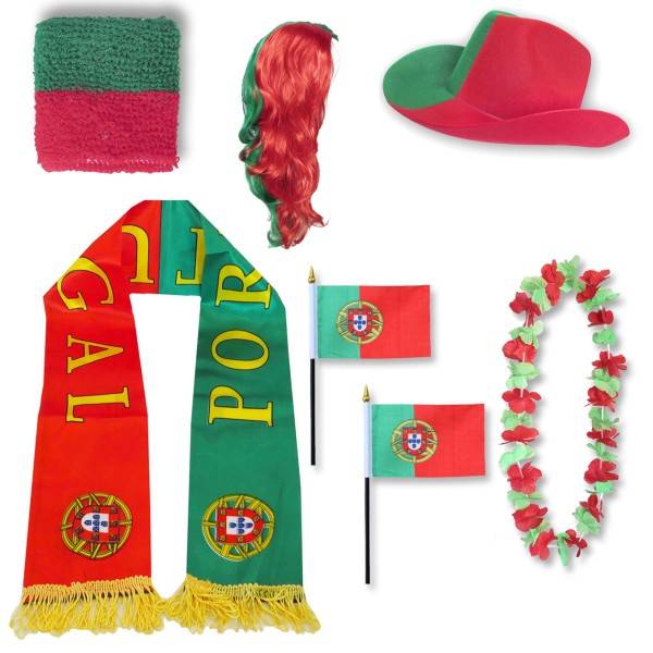 Sonia Originelli Fan-Paket "Portugal" WM EM Fußball Schal Hawaiikette Hut Schweissband Fahne Perücke