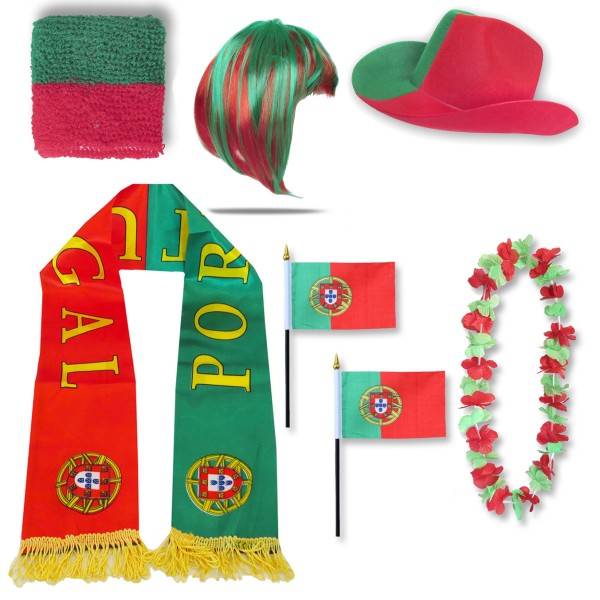 Sonia Originelli Fan-Paket "Portugal" WM EM Fußball Schal Hawaiikette Hut Schweissband Fahne Perücke