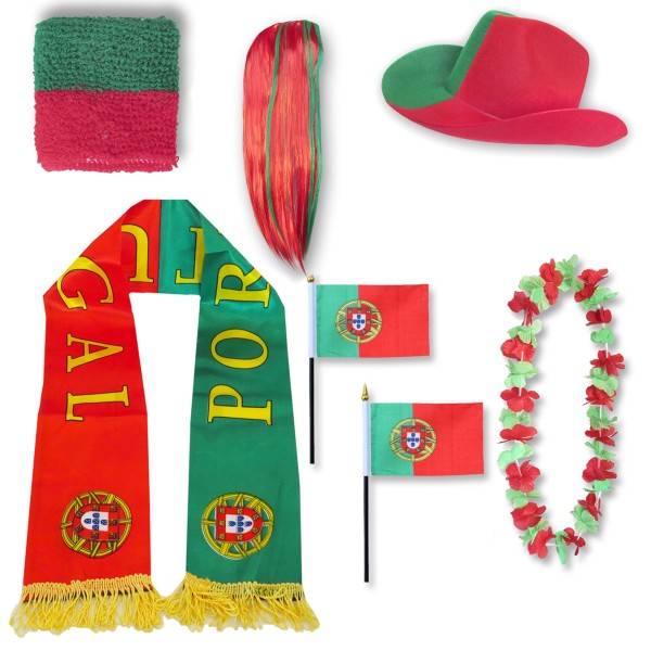 Sonia Originelli Fan-Paket "Portugal" WM EM Fußball Schal Hawaiikette Hut Schweissband Fahne Perücke