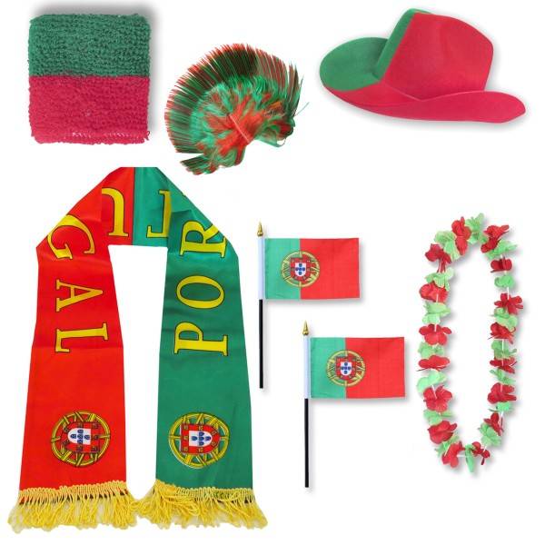 Sonia Originelli Fan-Paket "Portugal" WM EM Fußball Schal Hawaiikette Hut Schweissband Fahne Perücke