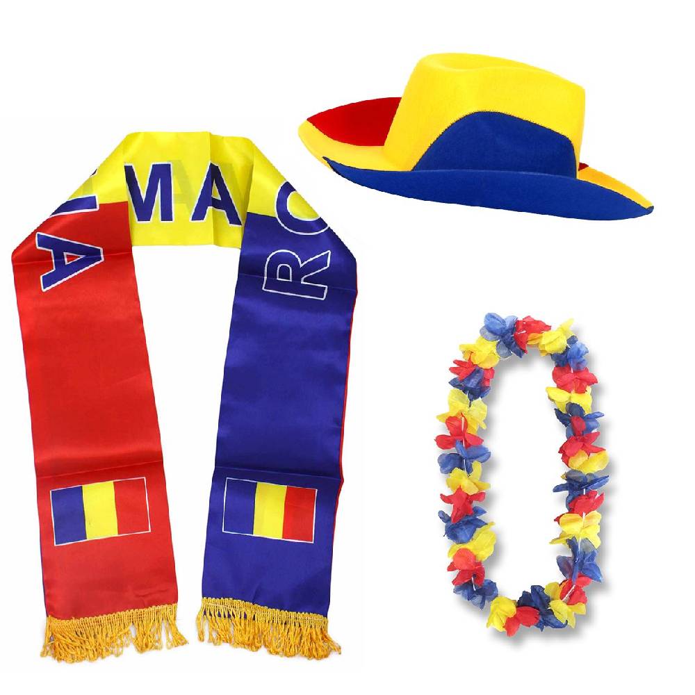 Sonia Originelli Fan-Paket "Rumänien" Romania WM EM Fußball Schal Hawaiikette Hut Fanartikel
