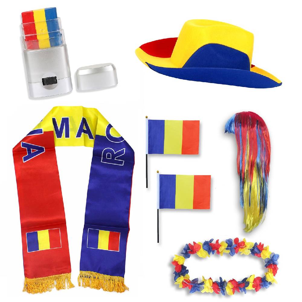 Sonia Originelli Fan-Paket "Rumänien" Romania WM EM Fußball Schal Hawaiikette Hut Schminkstift Fahne Perücke