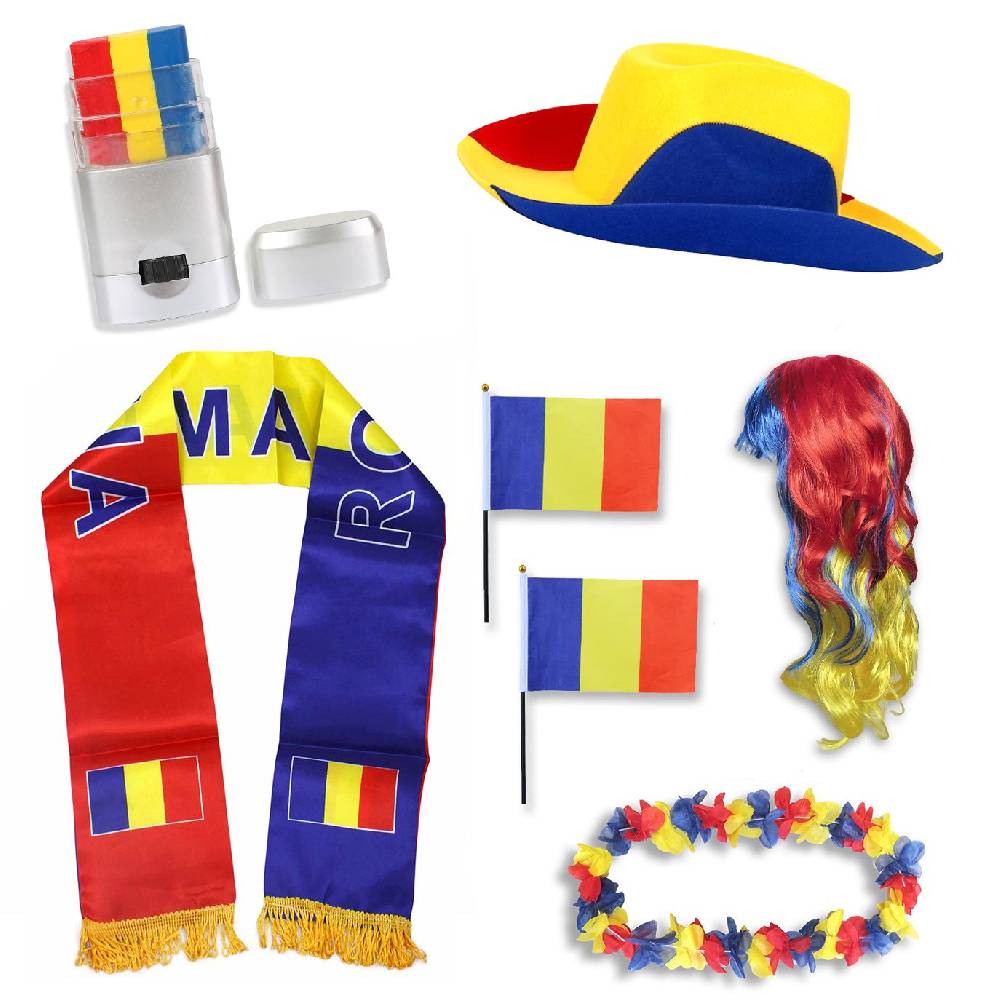 Sonia Originelli Fan-Paket "Rumänien" Romania WM EM Fußball Schal Hawaiikette Hut Schminkstift Fahne Perücke