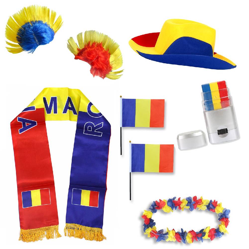Sonia Originelli Fan-Paket "Rumänien" Romania WM EM Fußball Schal Hawaiikette Hut Schminkstift Fahne Perücke