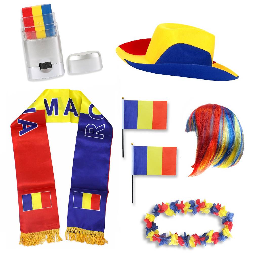 Sonia Originelli Fan-Paket "Rumänien" Romania WM EM Fußball Schal Hawaiikette Hut Schminkstift Fahne Perücke