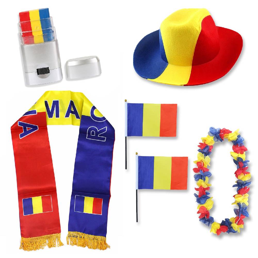 Sonia Originelli Fan-Paket "Rumänien" Romania WM EM Fußball Schal Hawaiikette Hut Fahne 2xFlagge