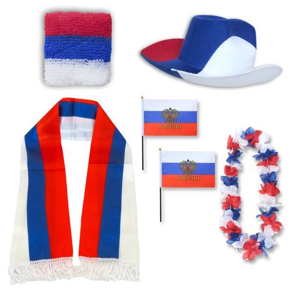 Sonia Originelli Fan-Paket "Russland" Russia WM EM Fußball Schal Hawaiikette Hut Schweissband Fahne Flagge
