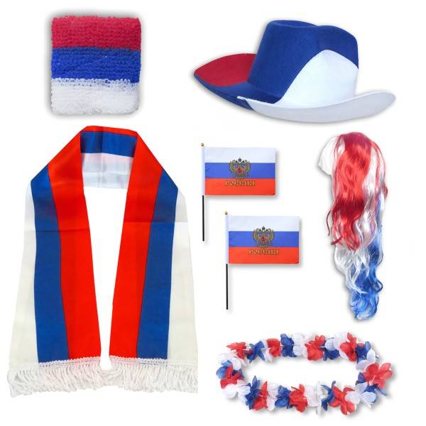 Sonia Originelli Fan-Paket "Russland" Russia WM EM Fußball Schal Hawaiikette Hut Schweissband Fahne Perücke