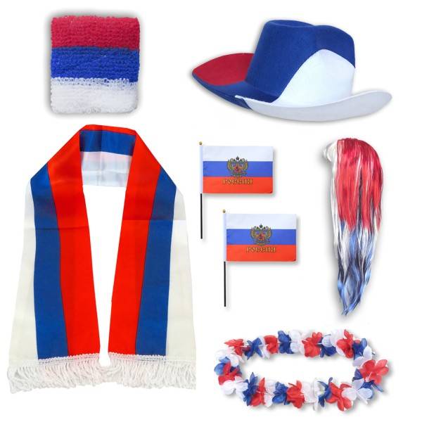 Sonia Originelli Fan-Paket "Russland" Russia WM EM Fußball Schal Hawaiikette Hut Schweissband Fahne Perücke
