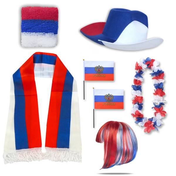 Sonia Originelli Fan-Paket "Russland" Russia WM EM Fußball Schal Hawaiikette Hut Schweissband Fahne Perücke