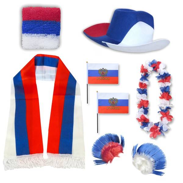 Sonia Originelli Fan-Paket "Russland" Russia WM EM Fußball Schal Hawaiikette Hut Schweissband Fahne Perücke