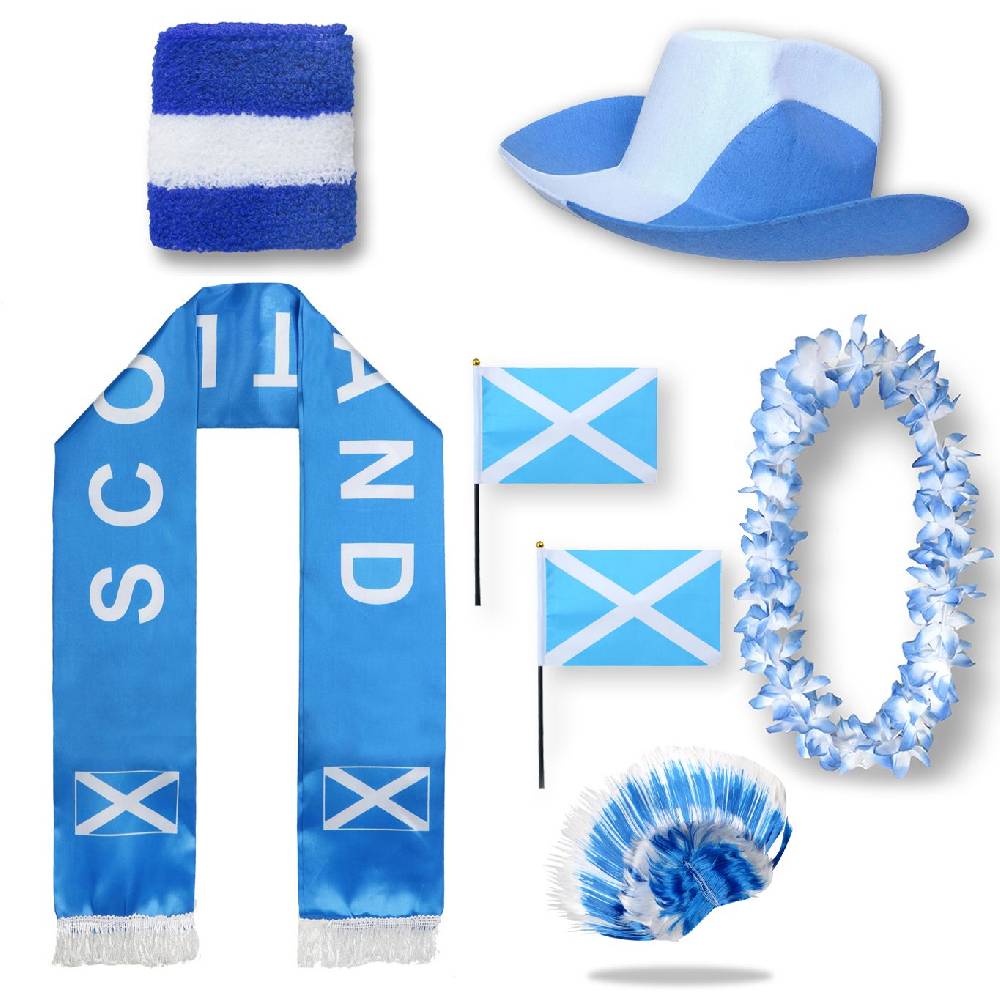 Sonia Originelli Fan-Paket "Schottland" Scottland WM EM Fußball Schal Hawaiikette Hut Schweissband Fahne Perücke