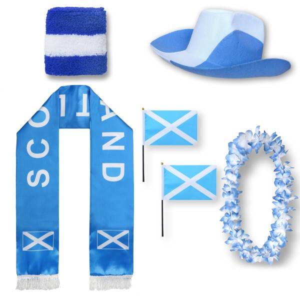 Sonia Originelli Fan-Paket "Schottland" Scottland WM EM Fußball Schal Hawaiikette Hut Schweissband Fahne Flagge