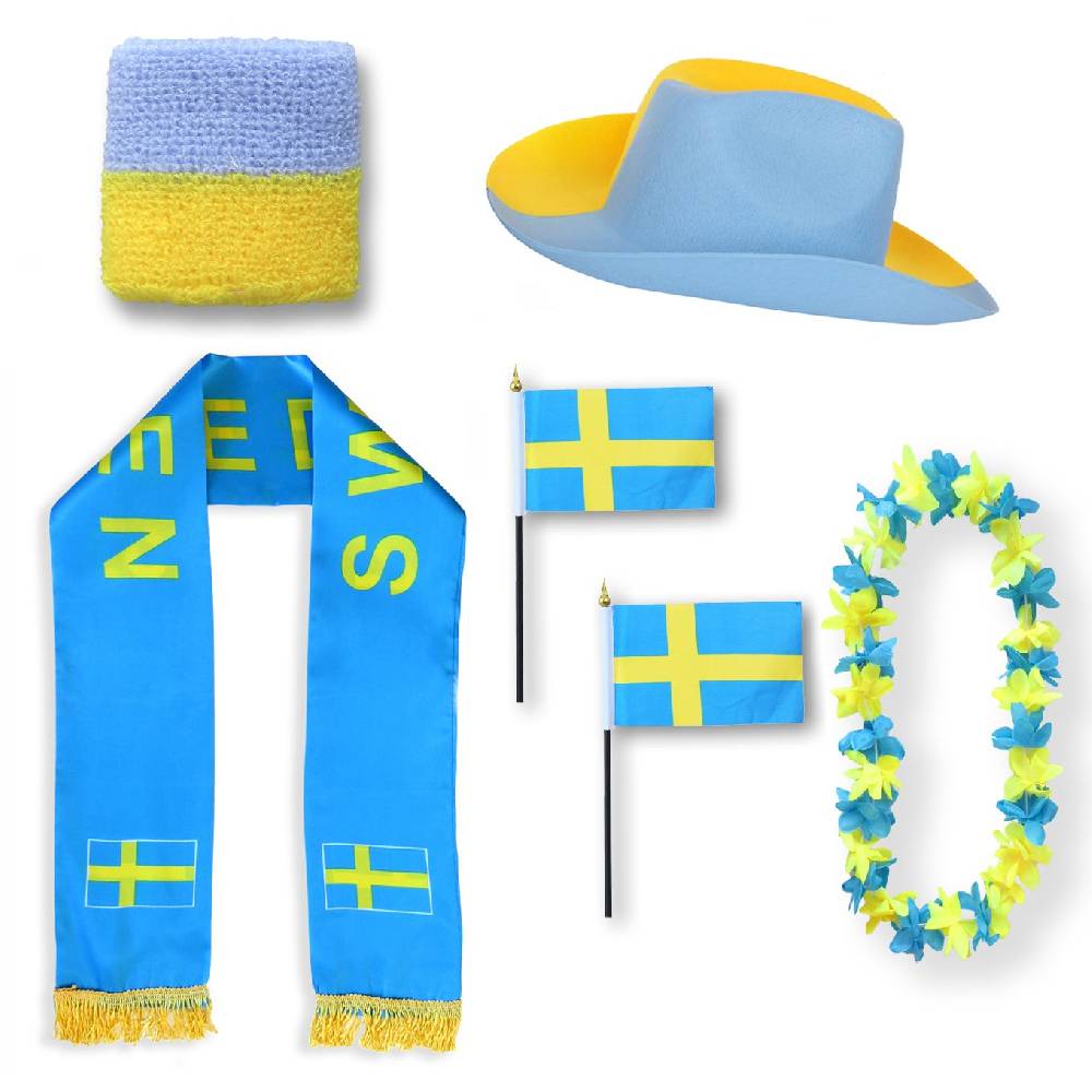 Sonia Originelli Fan-Paket "Schweden" Sweden WM EM Fußball Schal Hawaiikette Hut Schweissband Fahne Flagge