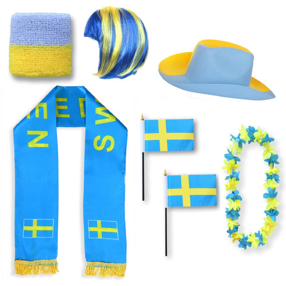 Sonia Originelli Fan-Paket "Schweden" Sweden WM EM Fußball Schal Hawaiikette Hut Schweissband Fahne Perücke