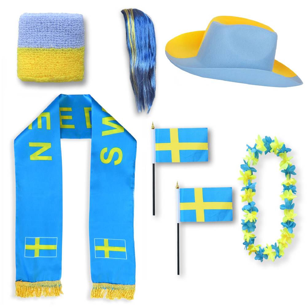 Sonia Originelli Fan-Paket "Schweden" Sweden WM EM Fußball Schal Hawaiikette Hut Schweissband Fahne Perücke