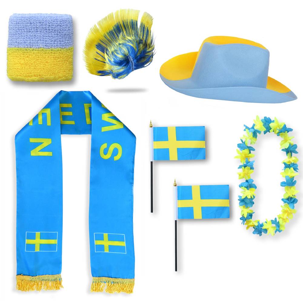 Sonia Originelli Fan-Paket "Schweden" Sweden WM EM Fußball Schal Hawaiikette Hut Schweissband Fahne Perücke