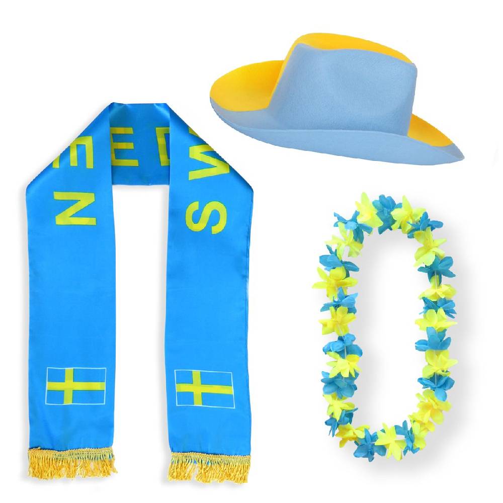 Sonia Originelli Fan-Paket "Schweden" Sweden WM EM Fußball Schal Hawaiikette Hut Fanartikel