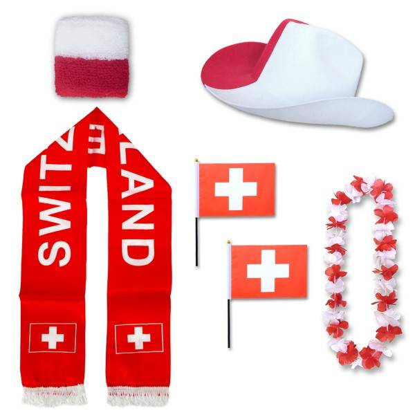 Sonia Originelli Fan-Paket "Schweiz" Switzerland WM EM Fußball Schal Hawaiikette Hut Schweissband Fahne Flagge