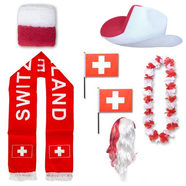 Sonia Originelli Fan-Paket "Schweiz" Switzerland WM EM Fußball Schal Hawaiikette Hut Schweissband Fahne Perücke