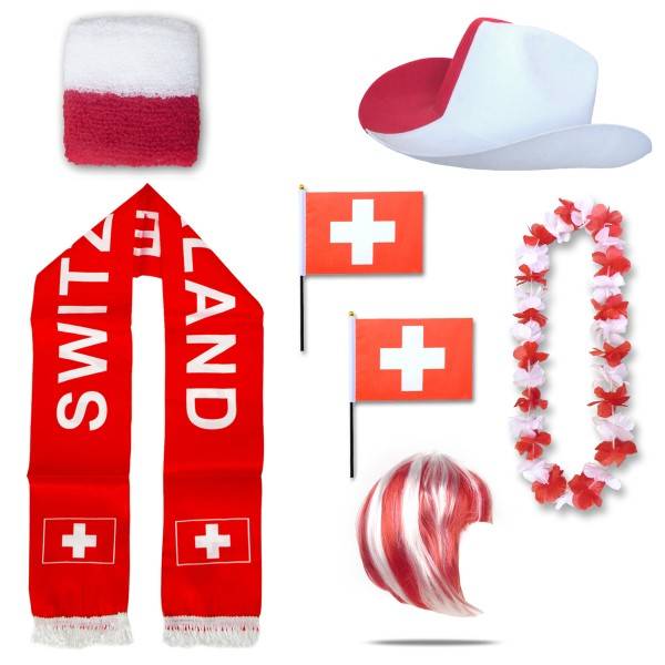 Sonia Originelli Fan-Paket "Schweiz" Switzerland WM EM Fußball Schal Hawaiikette Hut Schweissband Fahne Perücke