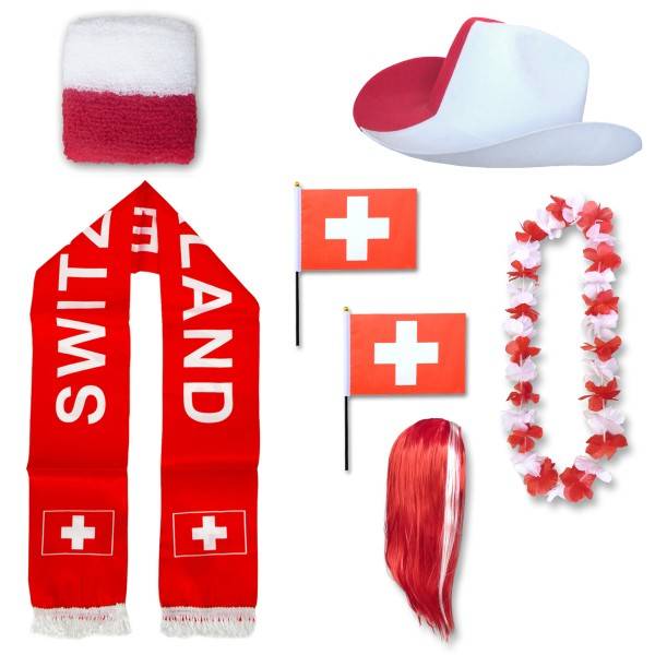 Sonia Originelli Fan-Paket "Schweiz" Switzerland WM EM Fußball Schal Hawaiikette Hut Schweissband Fahne Perücke