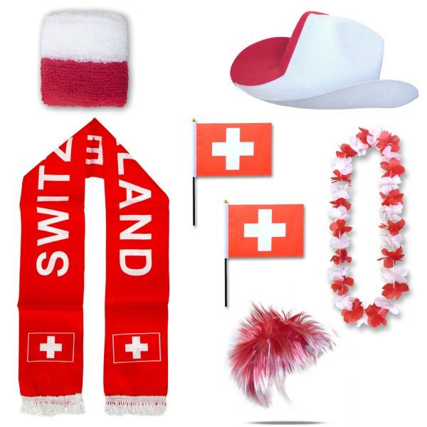 Sonia Originelli Fan-Paket "Schweiz" Switzerland WM EM Fußball Schal Hawaiikette Hut Schweissband Fahne Perücke