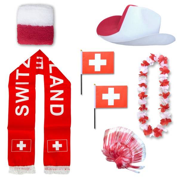Sonia Originelli Fan-Paket "Schweiz" Switzerland WM EM Fußball Schal Hawaiikette Hut Schweissband Fahne Perücke