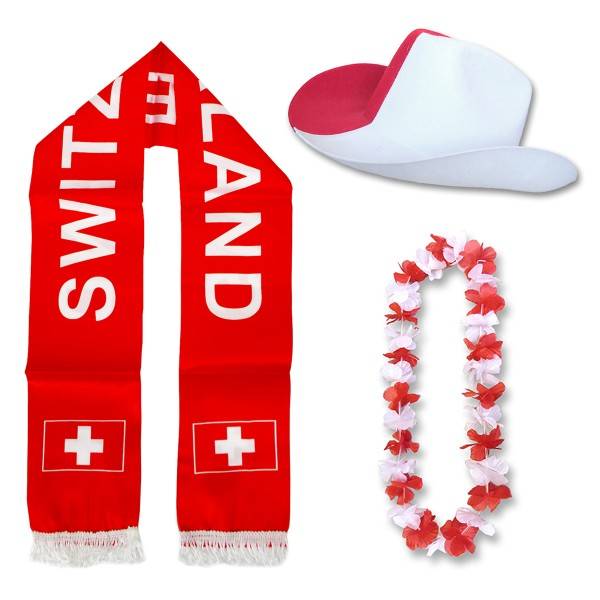 Sonia Originelli Fan-Paket "Schweiz" Switzerland WM EM Fußball Schal Hawaiikette Hut Fanartikel