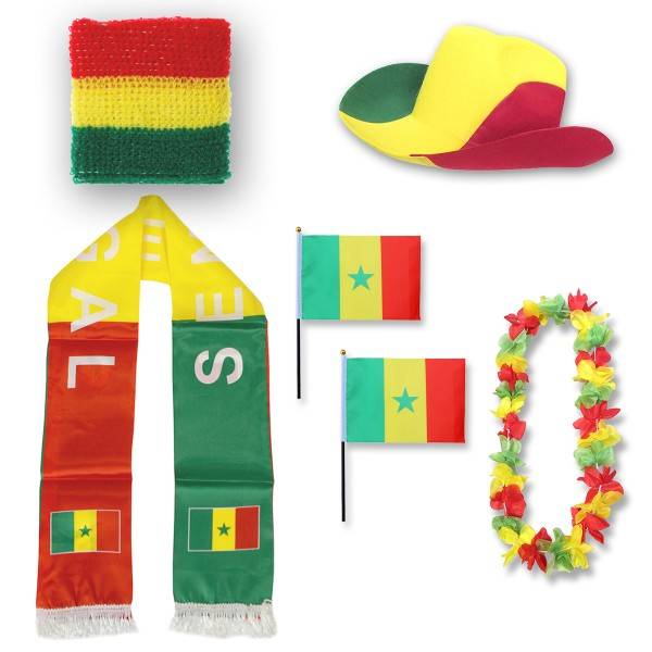 Sonia Originelli Fan-Paket "Senegal" WM EM Fußball Schal Hawaiikette Hut Schweissband Fahne Flagge