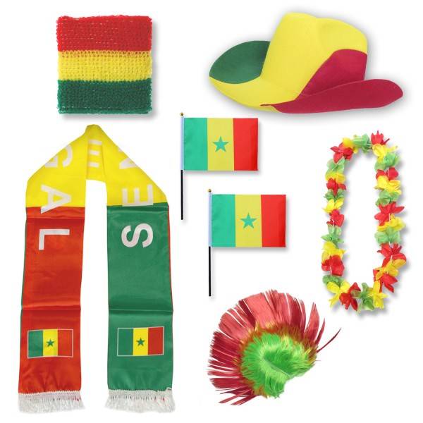 Sonia Originelli Fan-Paket "Senegal" WM EM Fußball Schal Hawaiikette Hut Schweissband Fahne Iro Perücke