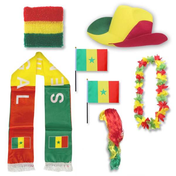 Sonia Originelli Fan-Paket "Senegal" WM EM Fußball Schal Hawaiikette Hut Schweissband Fahne Perücke