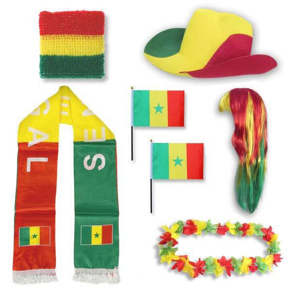 Sonia Originelli Fan-Paket "Senegal" WM EM Fußball Schal Hawaiikette Hut Schweissband Fahne Perücke