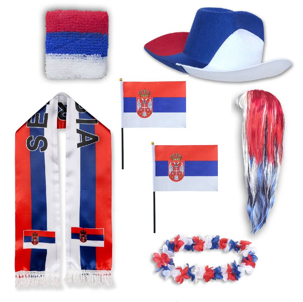 Sonia Originelli Fan-Paket "Serbien" Serbia WM EM Fußball Schal Hawaiikette Hut Schweissband Fahne Perücke