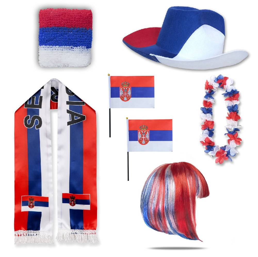 Sonia Originelli Fan-Paket "Serbien" Serbia WM EM Fußball Schal Hawaiikette Hut Schweissband Fahne Perücke