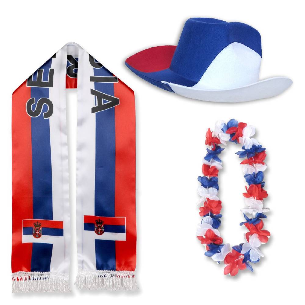 Sonia Originelli Fan-Paket "Serbien" Serbia WM EM Fußball Schal Hawaiikette Hut Fanartikel