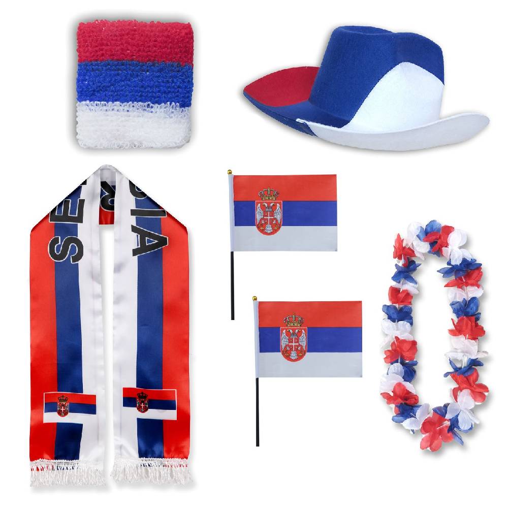 Sonia Originelli Fan-Paket "Serbien" Serbia WM EM Fußball Schal Hawaiikette Hut Schweissband Fahne Flagge
