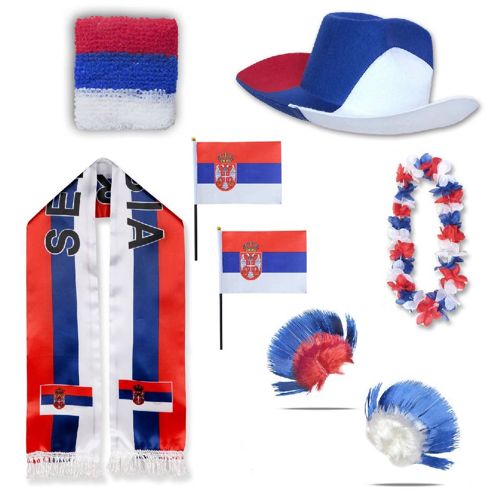 Sonia Originelli Fan-Paket "Serbien" Serbia WM EM Fußball Schal Hawaiikette Hut Schweissband Fahne Perücke