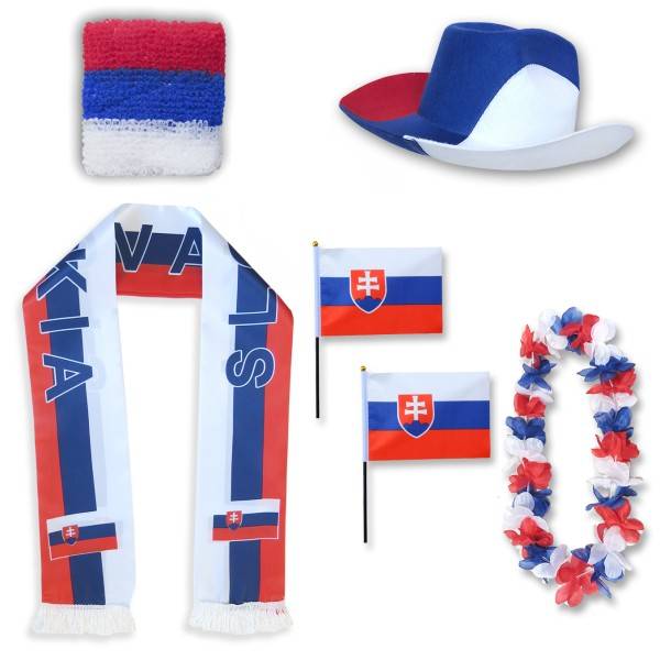 Sonia Originelli Fan-Paket "Slowakei" Slovakia WM EM Fußball Schal Hawaiikette Hut Schweissband Fahne Flagge