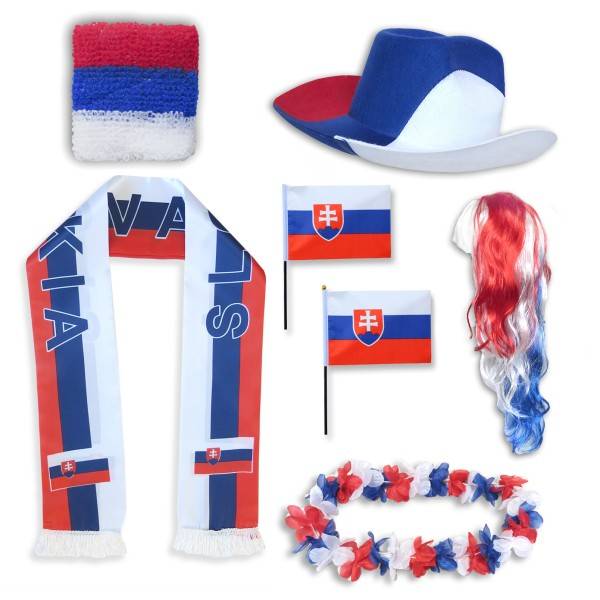 Sonia Originelli Fan-Paket "Slowakei" Slovakia WM EM Fußball Schal Hawaiikette Hut Schweissband Fahne Perücke