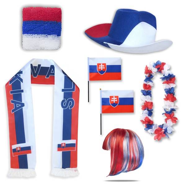 Sonia Originelli Fan-Paket "Slowakei" Slovakia WM EM Fußball Schal Hawaiikette Hut Schweissband Fahne Perücke