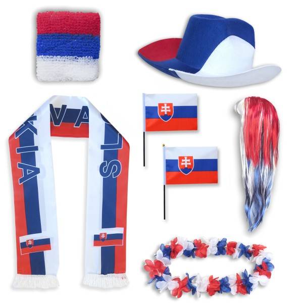 Sonia Originelli Fan-Paket "Slowakei" Slovakia WM EM Fußball Schal Hawaiikette Hut Schweissband Fahne Perücke